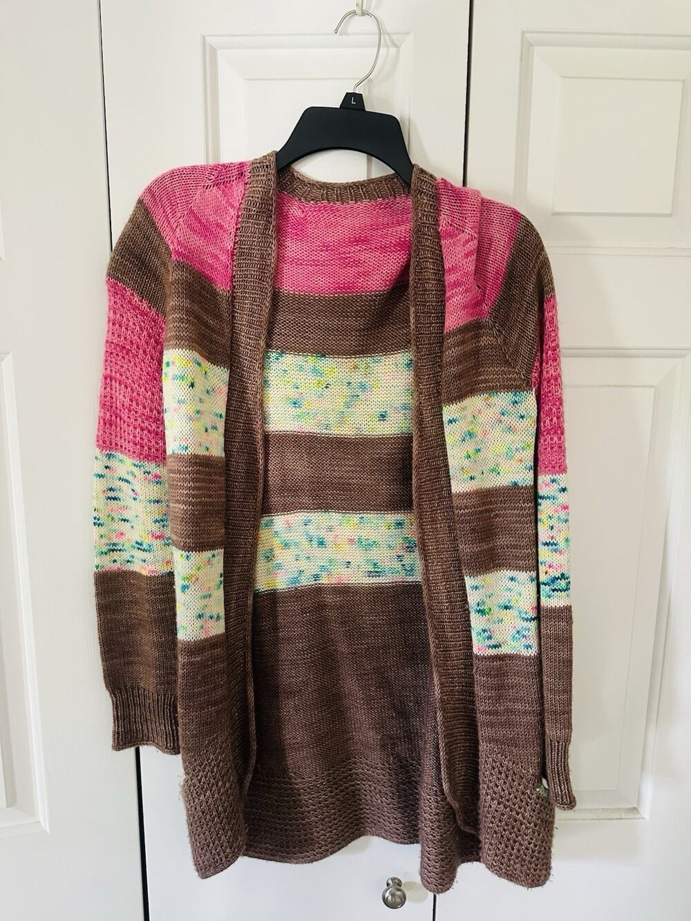 Women's Colorblock Striped Open-Knit Cardigan Sweater Multicolor Pocket